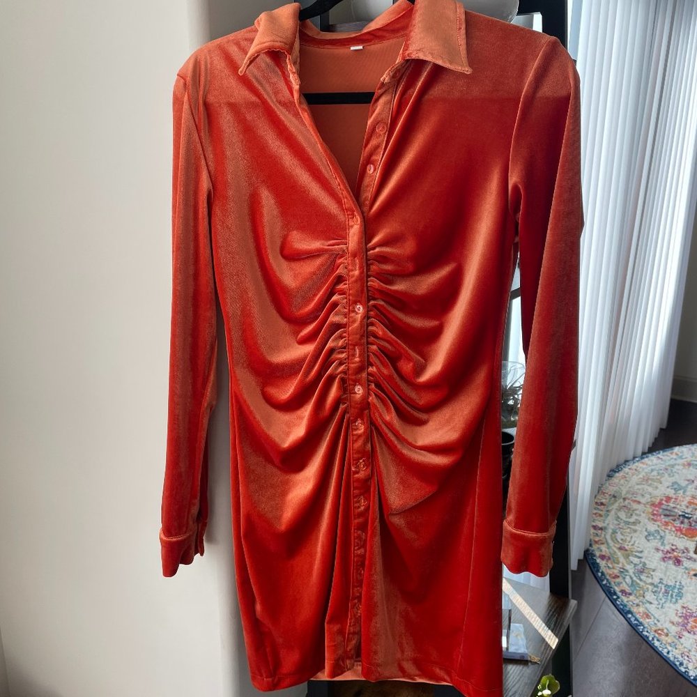 Orange Velvet Button Down Long Sleeve Dress